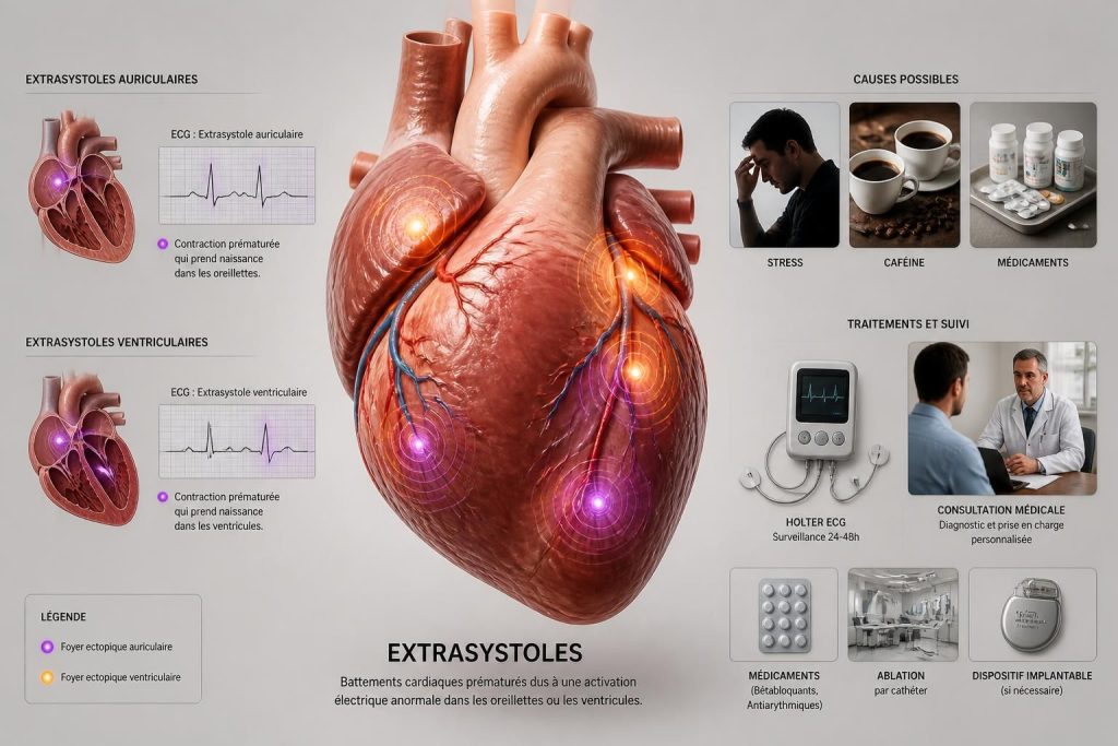 découvrez les différentes formes d'extrasystolie, leurs causes possibles et les traitements disponibles pour mieux gérer ce trouble du rythme cardiaque.